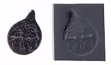 Late Ubaid–Middle Gawra; drop-shaped (tanged) pendant seal and modern impression with quadrupeds, not entirely reduced to geometric shapes; c. 4500&nbsp;– c. 3500 BC; Northern Mesopotamia; Metropolitan Museum of Art