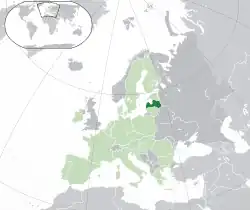 Location of&nbsp;Latvia&nbsp;(dark green)–&nbsp;in Europe&nbsp;(green &&nbsp;dark grey)–&nbsp;in the European Union&nbsp;(green)&nbsp; –&nbsp; [Legend]