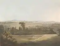East view of Bangalore, with the cypress garden, from a pagoda, by James Hunter(d. 1792). Bangalore Fort as seen from the East (Cypress Gardens in today's Lalbagh)