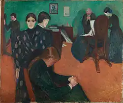 Death in the Sickroom, 1893, .mw-parser-output .frac{white-space:nowrap}.mw-parser-output .frac .num,.mw-parser-output .frac .den{font-size:80%;line-height:0;vertical-align:super}.mw-parser-output .frac .den{vertical-align:sub}.mw-parser-output .sr-only{border:0;clip:rect(0,0,0,0);clip-path:polygon(0px 0px,0px 0px,0px 0px);height:1px;margin:-1px;overflow:hidden;padding:0;position:absolute;width:1px}134 cm × 160 cm (52+3⁄4 in × 63 in), Munch Museum, Oslo