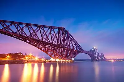 Image 11The Forth Bridge is a cantilever railway bridge over the Firth of Forth. It was opened on 4 March 1890, and spans a total length of 2,528.7 metres (8,296&nbsp;ft). It is often called the  Forth Rail Bridge or Forth Railway Bridge to distinguish it from the Forth Road Bridge.Photo credit: George Gastin