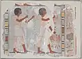 Fragment of a wall painting from TT63 depicting men carrying papyrus reeds and waterfowl.