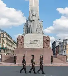 Soldiers of the battalion at the Freedom Monument in Riga.