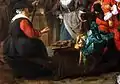 The marketwoman is seated on a wheelbarrow, and turns her head towards the viewer.
