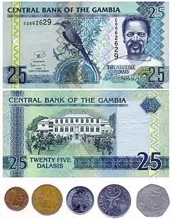 Image 2Front and back view of the Gambian dalasi and coins from 5 bututs to 1 dalasi