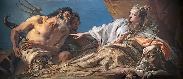 Painting of Neptune offering coins to Venus from a horn