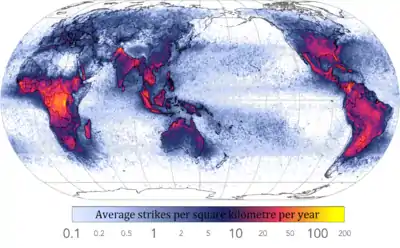 Image 27World map showing frequency of lightning strikes, in flashes per km² per year (equal-area projection). Lightning strikes most frequently in the Democratic Republic of the Congo. Combined 1995–2003 data from the Optical Transient Detector and 1998–2003 data from the Lightning Imaging Sensor. (from Atmospheric electricity)