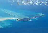 Great Harbour Cay from 38,000&nbsp;ft (11,582&nbsp;m). March 2010