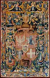 Tapestry with the coat of arms of Grand Duke Sigismund II Augustus, crowned with Gediminas' Cap, circa 1548