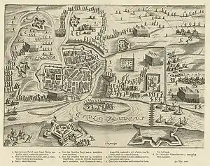 Siege of Zutphen in 1591 by Bartholomeus Dolendo - The English are attacking the sconce at top of picture