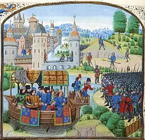 A detailed medieval painting showing a group of wealthy men in a wooden boat on the near left, apparently arriving or leaving a large number of armed soldiers on the right. In the background is a large city on the left, and an open area of ground on the right.