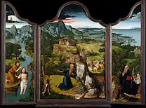The Penitence of Saint Jerome, c. 1512–15, triptych, oil on wood, 117.5 × 81.3&nbsp;cm (46.5 × 31.9 in), each wing 120.7 × 35.6&nbsp;cm (47.5 × 14 in), Metropolitan Museum of Art, New York