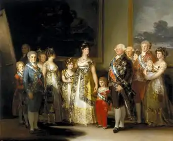 Image 20Charles&nbsp;IV of Spain and His FamilyPainting credit: Francisco GoyaCharles&nbsp;IV of Spain and His Family is a portrait of the royal family of Spain painted by Francisco Goya in 1800 and 1801. King Charles&nbsp;IV, his wife Maria Luisa of Parma, and his children and relatives are dressed in the height of contemporary fashion, lavishly adorned with jewelry and the sashes of the order of Charles&nbsp;III. The artist does not attempt to flatter the family; instead the group portrait is unflinchingly realist, both in detail and tone. The artist, seated at his easel, is visible in the background. The painting is in the collection of the Museo del Prado in Madrid.More selected pictures