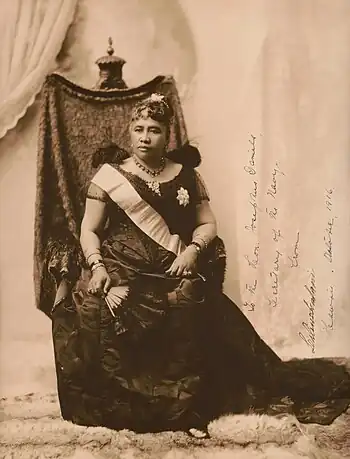 Image 15LiliʻuokalaniPhotograph credit: James J. Williams; restored by Adam CuerdenLiliʻuokalani (September 2, 1838 – November 11, 1917) was the only queen regnant and the last sovereign monarch of the Hawaiian Kingdom. She ascended to the throne on January 29, 1891, nine days after the death of her brother King Kalākaua. During her reign, she attempted to draft a new constitution in 1893 that would restore the power of the monarchy and the voting rights of the economically disenfranchised. Threatened by her attempts to abrogate the 1887 Bayonet Constitution, pro-American elements in Hawaii overthrew the monarchy on January 17, 1893. She was placed under house arrest, was forced to abdicate the Hawaiian throne and lived the rest of her life as a private citizen. This photograph of Liliʻuokalani was signed by the queen herself and addressed to Josephus Daniels, United States Secretary of the Navy.More selected pictures