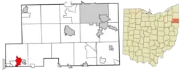Location of Sebring in Mahoning County and in the State of Ohio