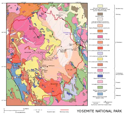 Image 4Cathedral Peak GranodioriteMap: Grandiose, based on a map by the United States Geological SurveyA geological map of Yosemite National Park (full size), showing the Cathedral Peak Granodiorite, the largest unit in the Tuolumne Intrusive Suite, which in turn is the largest granitic suite in the park.&nbsp;&nbsp;&nbsp;&nbsp;&nbsp;Cathedral Peak Granodiorite&nbsp;&nbsp;&nbsp;&nbsp;&nbsp;Rest of the Tuolumne Intrusive SuiteMore selected pictures