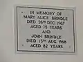 Memorial to Alice Brindle at Unitarian Chapel Rivington