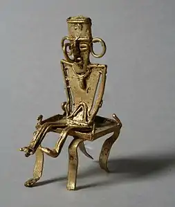 Muisca tunjo on stool, c. 10th–16th century, Lake Guatavita region, Altiplano Cundiboyacense