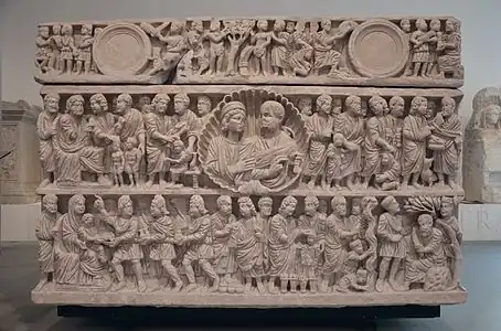 Roman shell-shaped medallion on a sarcophagus of a married couple, early 4th century, marble, Musée de l'Arles antique, Arles, France