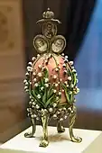 Lilies of the Valley, a Fabergé egg; by Peter Carl Fabergé; 1898; enamel, gold, diamonds, rubies & pearls; 15.1&nbsp;cm (5.9&nbsp;in) when is closed; Fabergé Museum (Saint Petersburg, Russia)