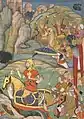 Musicians advance behind Emperor Humayun defeating the Afghans. One straight-tubed nafir trumpet, one S-curved karnay.