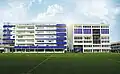 Soccer pitch, the Hub and secondary building