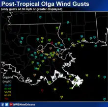 Map showing the location and strength of peak wind gusts in the lower Mississippi valley 39 mph (63 km/h)