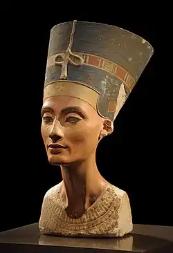 The Bust of Nefertiti; 1352-1336 BC; limestone, plaster & paint; height: 48&nbsp;cm (197⁄8 in.); from Amarna (Egypt); Egyptian Museum of Berlin (Germany). Perhaps the most iconic image of a woman from the ancient world, the bust of Nefertiti is difficult to contextualize because it seems so exceptional