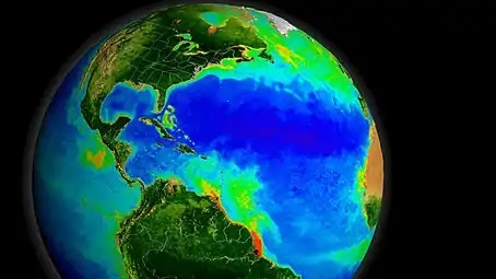 Rivers, such as the Amazon, deposit nutrients from land into South America's tropical ocean waters, leading to thick blooms along the coastline
