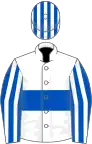 White, royal blue hoop, royal blue and white striped sleeves and cap