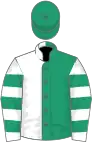 Emerald green and white halved, white and emerald green hooped sleeves, emerald green cap