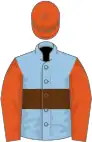Light blue, brown hoop, flame sleeves and cap