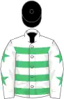 White, emerald green hoops, white sleeves, emerald green stars, black cap