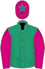 Emerald green, cerise sleeves, cerise cap, emerald green star