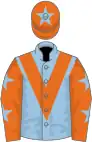Light Blue, orange chevron, orange sleeves, light blue stars, orange cap, light blue star