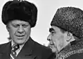 Gerald Ford (left) wearing an ushanka, with Leonid Brezhnev (right) wearing a gogol&nbsp;[ru]