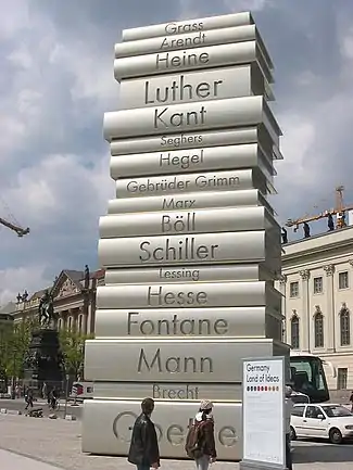 Image 2412-metre-high (40 ft) stack of books sculpture at the Berlin Walk of Ideas, commemorating the invention of modern book printing (from History of books)