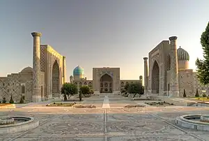 Image 23The Registan and its three madrasahs. From left to right: Ulugh Beg Madrasah, Tilya-Kori Madrasah and Sher-Dor Madrasah, Samarkand, and Uzbekistan. (from History of Uzbekistan)