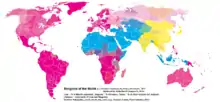 Distribution of world religions by country/state, and by smaller administrative regions for the largest countries (2012 data):&nbsp;&nbsp;% Christian population &nbsp;&nbsp;% Islam population &nbsp;&nbsp;% all other religions but Judaism(equal parts cyan/magenta - Judaism)