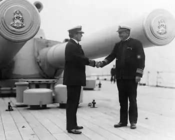 The tampions of the 15-inch guns on the British battleship HMS Queen Elizabeth in 1917