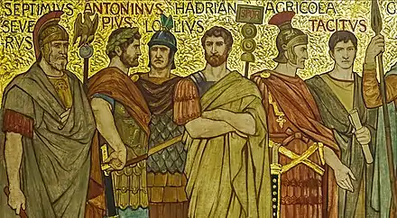 Roman generals and emperors closeup in a frieze at the Great Hall of the Scottish National Gallery
