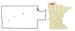 Location of Warroadwithin Roseau County and state of Minnesota