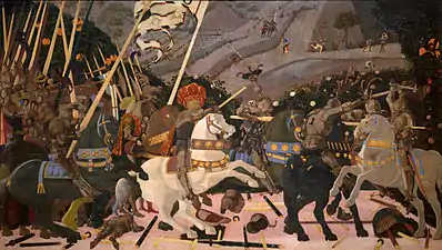 Niccolò Mauruzi da Tolentino at the Battle of San Romano (probably c. 1438–1440), egg tempera with walnut oil and linseed oil on poplar, 182 × 320&nbsp;cm, National Gallery, London.