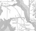 A detail from the same map misattributing Dere Street as "Watling&nbsp;Street"
