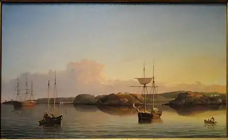"Stage Rocks and Western Shore of Gloucester Outer Harbor," by Fitz Henry Lane, 1857