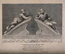 Two male figures reclining on the stone gate pillars of the Bethlem entrance, carved in Portland stone. Both figures are semi-naked. The figure on the left represents melancholic madness and looks languid and lethargic. The figure on the right, representing frenzied madness is restrained by chains and its body looks taut and muscular.