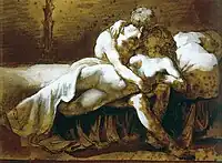 The Kiss, charcoal, sepia wash and white gouache on paper, c. 1822