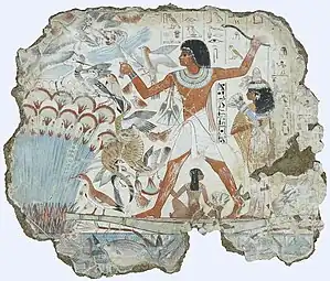 Fresco which depicts Nebamun hunting birds; 1350&nbsp;BC; paint on plaster; 98 × 83&nbsp;cm (3&nbsp;ft 2.5&nbsp;in × 2&nbsp;ft 8.7&nbsp;in); British Museum (London)