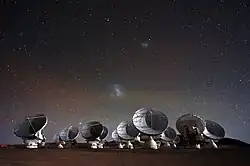 Image 15ALMA is the world's most powerful telescope for studying the Universe at submillimeter and millimeter wavelengths. (from Observational astronomy)