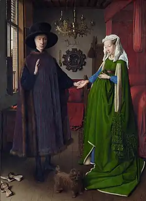 The Arnolfini Portrait; by Jan van Eyck; 1434; oil on panel; 82.2 x 60&nbsp;cm; National Gallery (London)